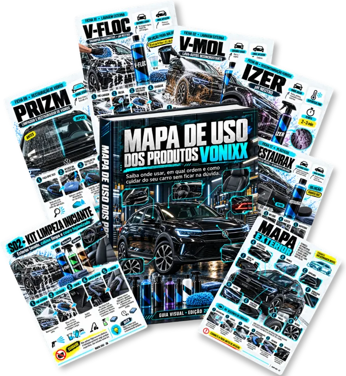 Mockup do Mapa de Uso dos Produtos Vonixx: o livro e páginas de fichas, mapas e sequências ao redor