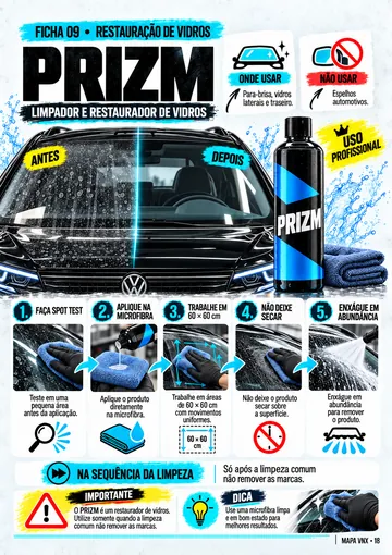 Ficha 09: PRIZM, limpador e restaurador de vidros, em cinco passos